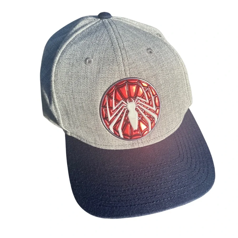 Marvel Spider-Man Snapback Hat Grey Navy Blue Metallic Spider Logo Flat Bill Cap